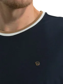 T-shirt en coton marine uni avec une coupe droite et un col bicolore