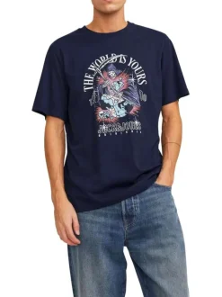 T-shirt en coton marine uni avec une coupe droite et un col rond
