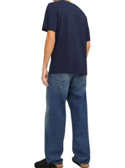 T-shirt en coton marine uni avec une coupe droite et un col rond