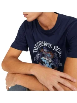 T-shirt en coton marine uni avec une coupe droite et un col rond