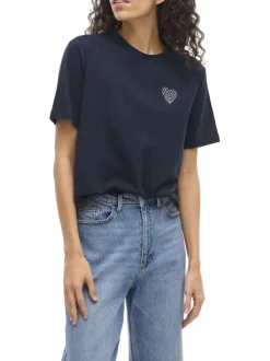 T-shirt en coton marine uni avec une coupe droite et un col rond