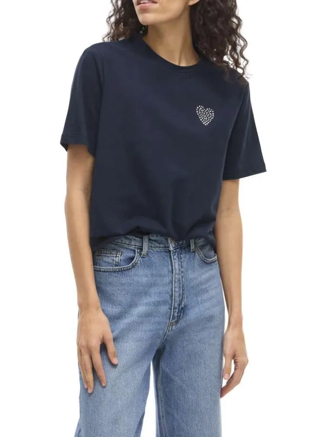 T-shirt en coton marine uni avec une coupe droite et un col rond
