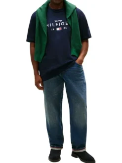 T-shirt en coton marine uni avec une coupe droite et un col rond