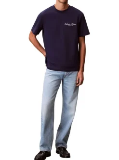 T-shirt en coton marine uni avec une coupe droite et un col rond