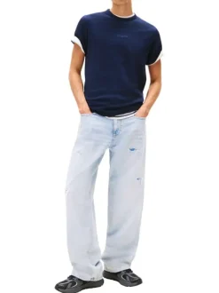 T-shirt en coton marine uni avec une coupe droite et un col rond