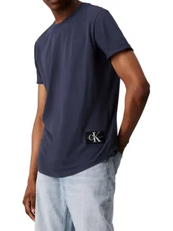 T-shirt en coton marine uni avec une coupe droite et un col rond