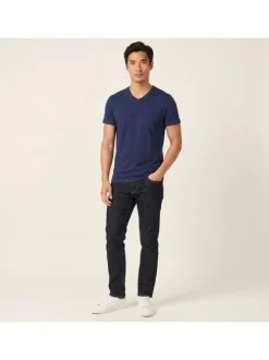 T-shirt en coton marine uni avec une coupe droite et un col v