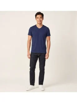 T-shirt en coton marine uni avec une coupe droite et un col v