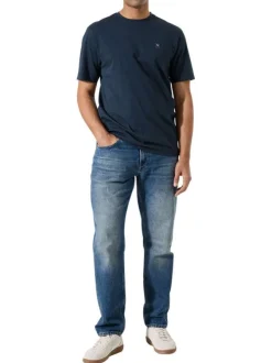 T-shirt en coton marine uni à col rond avec patch de la marque