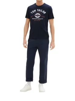 T-shirt en coton marine uni coupe droite avec un col rond et des inscriptions