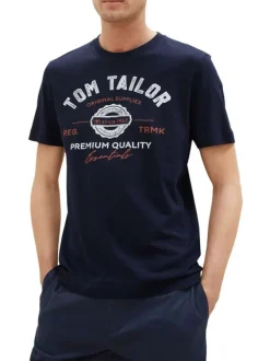 T-shirt en coton marine uni coupe droite avec un col rond et des inscriptions