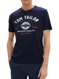 T-shirt en coton marine uni coupe droite avec un col rond et des inscriptions