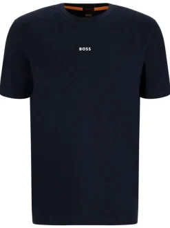 T-shirt en coton marine uni coupe droite avec un col rond et surpiqûres