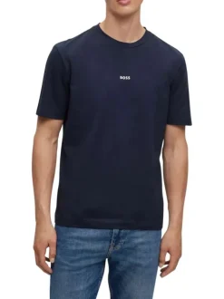 T-shirt en coton marine uni coupe droite avec un col rond et surpiqûres