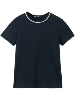 T-shirt en coton marine uni pourvu de manches courtes et d'un col rond