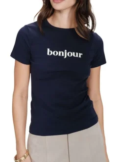 T-shirt en coton marine uni pourvu de manches courtes et d'un col rond