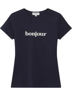 T-shirt en coton marine uni pourvu de manches courtes et d'un col rond