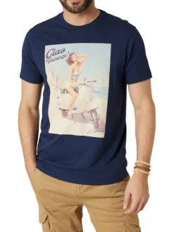 T-shirt en coton marine uni pourvu d'un col rond et d'une coupe droite