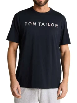 T-shirt en coton marine uni pourvu d'un col rond et d'une coupe droite