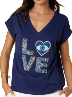 T-shirt en coton marine uni pourvu d'un motif "Love" brodé de perles