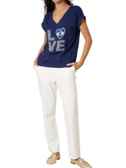 T-shirt en coton marine uni pourvu d'un motif 