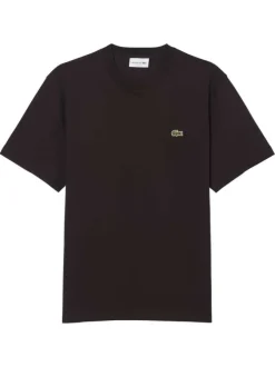 T-shirt en coton marron à coupe droite pourvu d'un col rond côtelé