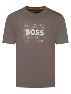 T-shirt en coton marron imprimé avec une coupe droite et un col rond