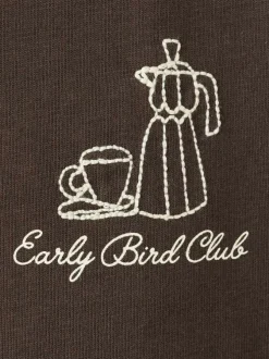 T-shirt en coton marron uni pourvu d'une cafetière brodée sur le coeur