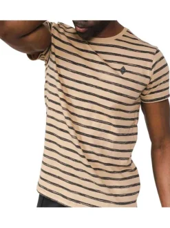 T-shirt en coton mélangé beige avec rayures noires chinées avec patch cousu