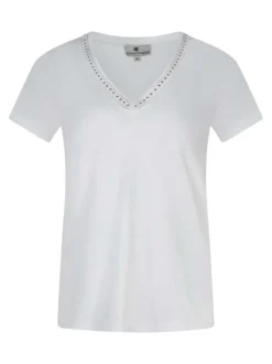 T-shirt en coton mélangé blanc chiné avec un col v à petits clous
