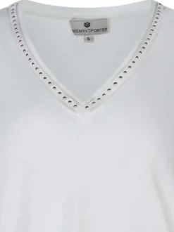 T-shirt en coton mélangé blanc chiné avec un col v à petits clous