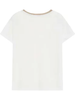 T-shirt en coton mélangé blanc uni avec une coupe droite et un col v