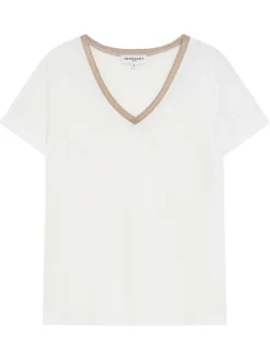 T-shirt en coton mélangé blanc uni avec une coupe droite et un col v