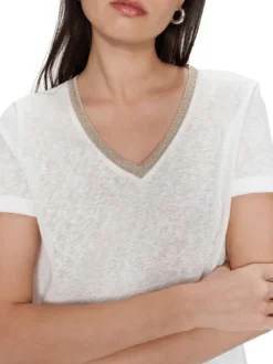 T-shirt en coton mélangé blanc uni avec une coupe droite et un col v