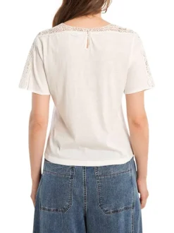 T-shirt en coton mélangé blanc uni pourvu d'un col rond et d'une coupe droite