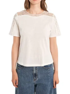T-shirt en coton mélangé blanc uni pourvu d'un col rond et d'une coupe droite