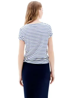 T-shirt en coton mélangé bleu rayé à coupe droite, col rond style marinière