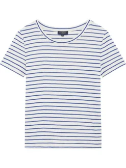 T-shirt en coton mélangé bleu rayé à coupe droite, col rond style marinière