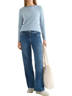 T-shirt en coton mélangé bleu à rayures pourvu d'un col rond