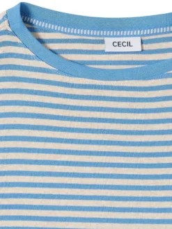 T-shirt en coton mélangé bleu à rayures pourvu d'un col rond