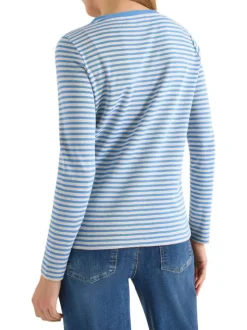 T-shirt en coton mélangé bleu à rayures pourvu d'un col rond