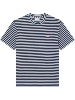 T-shirt en coton mélangé bleu à rayures pourvu d'un col rond