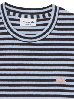 T-shirt en coton mélangé bleu à rayures pourvu d'un col rond