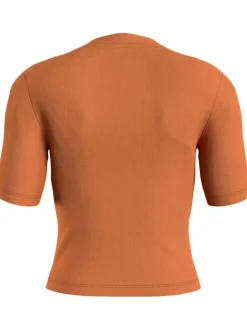 T-shirt en coton mélangé brique uni avec une coupe cropped et un col v