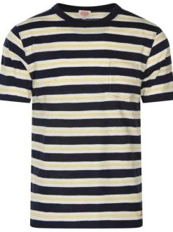 T-shirt en coton mélangé écru rayé coupe droite col rond et rayures avec liserés