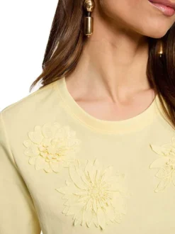 T-shirt en coton mélangé jaune uni pourvu d'une coupe droite et d'un col rond