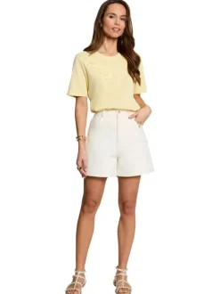 T-shirt en coton mélangé jaune uni pourvu d'une coupe droite et d'un col rond