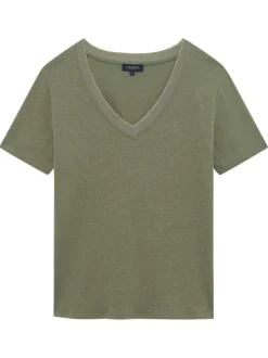 T-shirt en coton mélangé kaki uni à coupe droite et col v avec liseré doré