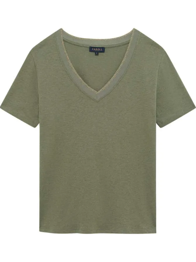 T-shirt en coton mélangé kaki uni à coupe droite et col v avec liseré doré