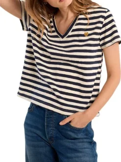 T-shirt en coton mélangé marine à rayures pourvu d'un col v